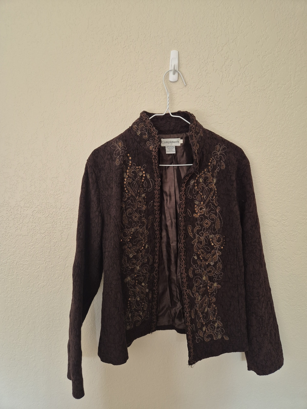 Compliments Embroidered Brown Jacket Size 12 Women's Boho Western Style